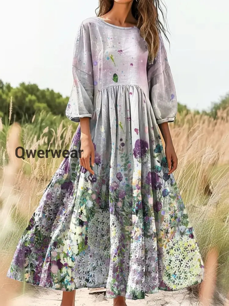 Vintage Bohemian Floral Print Elegant Chic Loose Midi Dress-DR-F-258