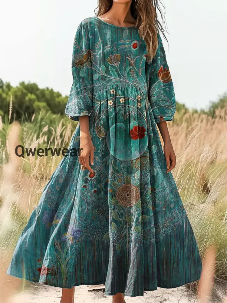 Vintage Bohemian Floral Print Elegant Chic Loose Midi Dress-DR-F-264