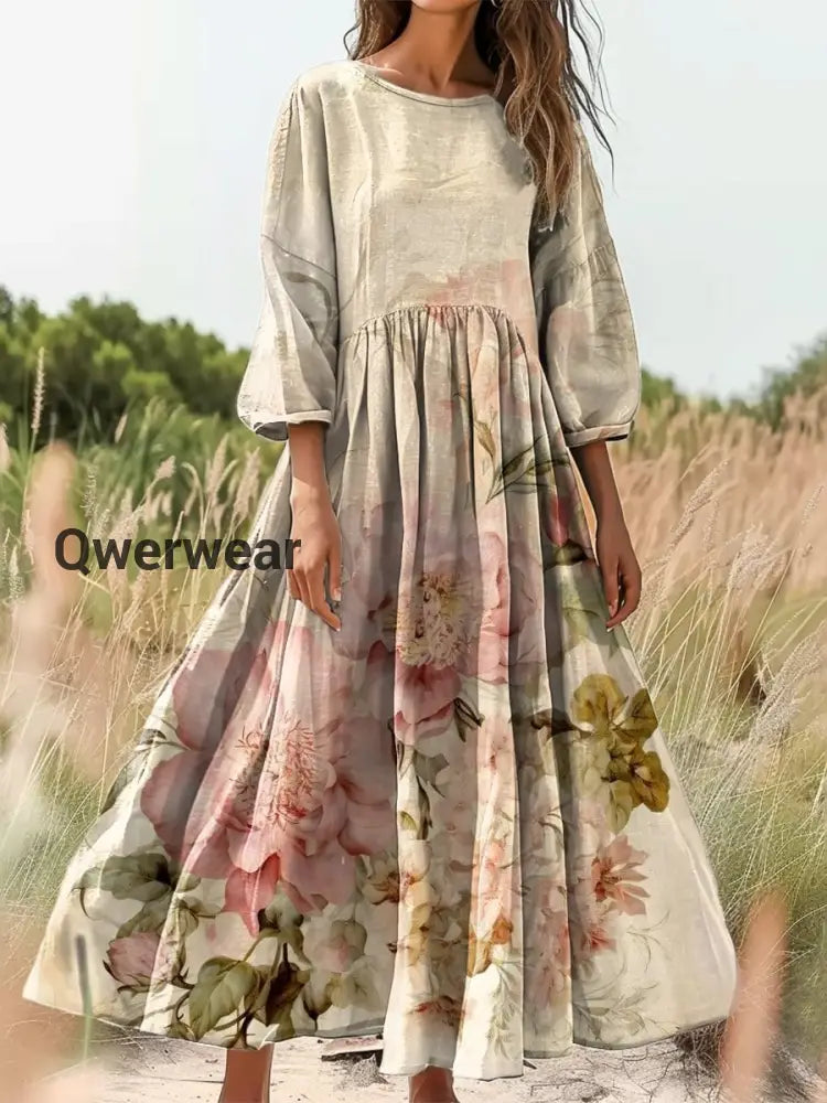 Vintage Bohemian Floral Print Elegant Chic Loose Midi Dress-DR-F-270