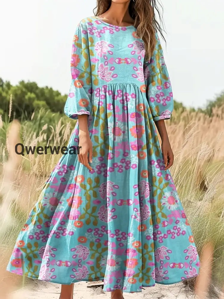 Vintage Bohemian Floral Print Elegant Chic Loose Midi Dress-DR-F-274