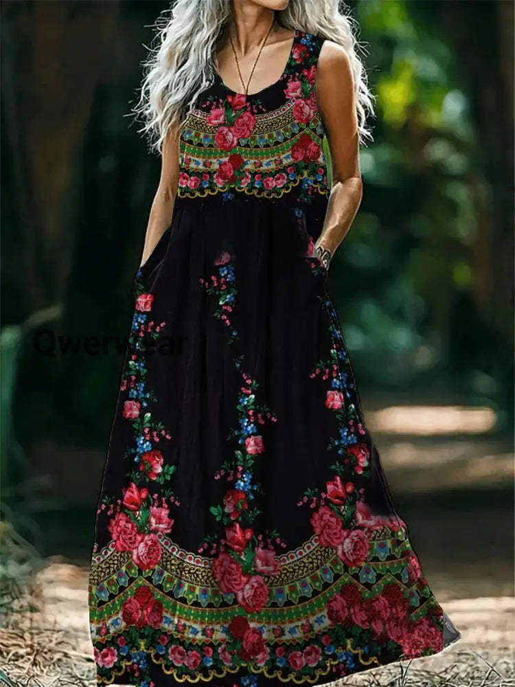 Vintage Bohemian Floral Print Elegant Chic Loose Midi Dress-DR-F-284 A / S