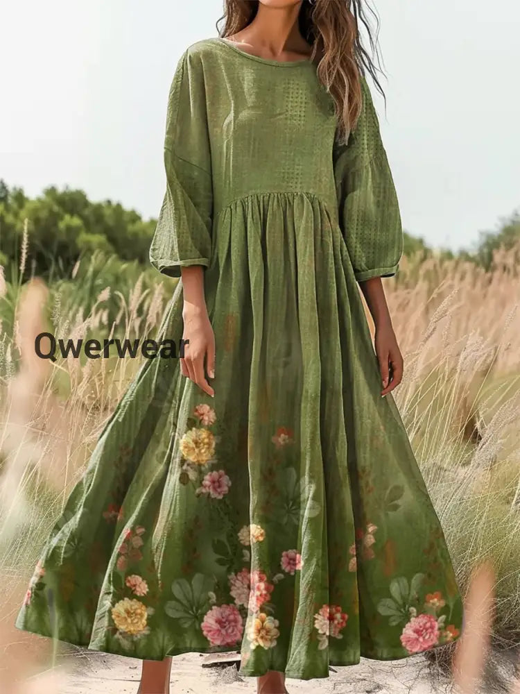 Vintage Bohemian Floral Print Elegant Chic Loose Midi Dress-DR-F-322 A / S