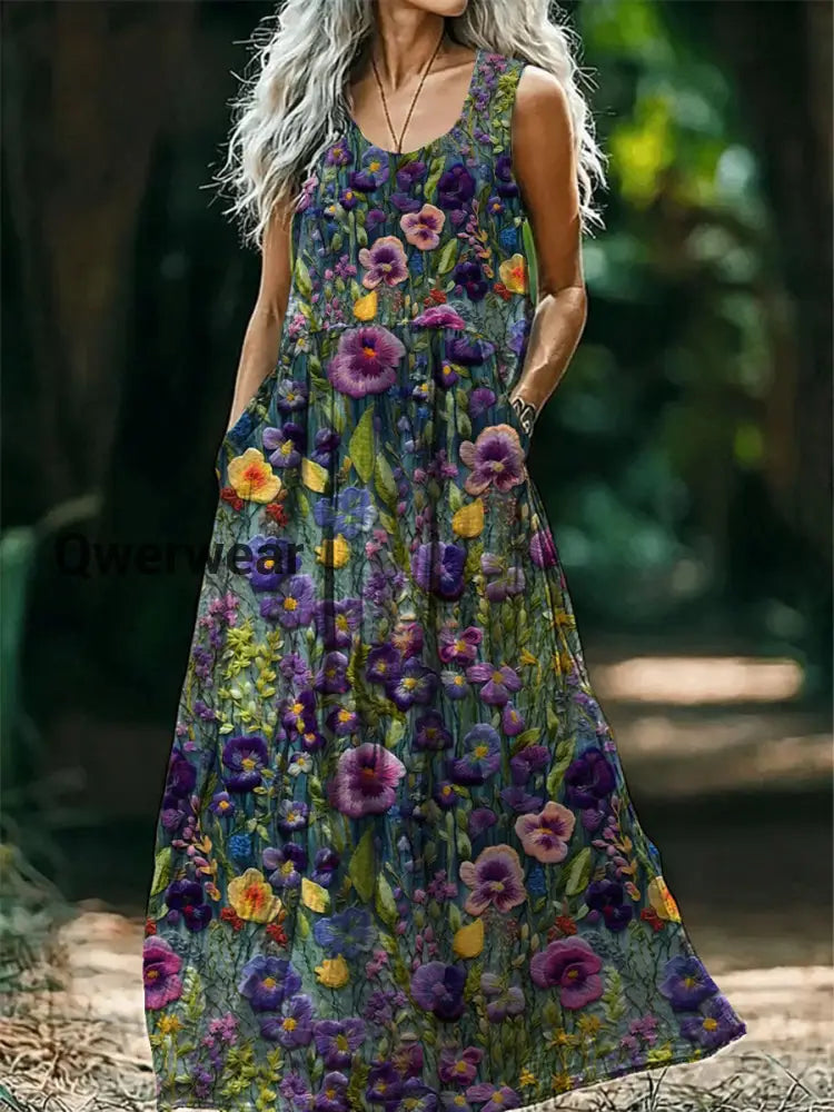 Vintage Bohemian Floral Print Sleeveless Loose Midi Dress A / S