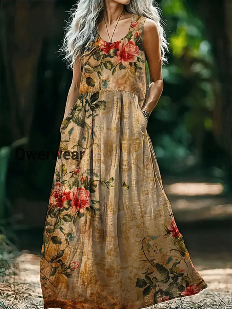 Vintage Bohemian Floral Print Sleeveless Loose Midi Dress A / S