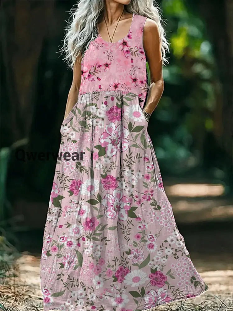 Vintage Bohemian Floral Print Sleeveless Loose Midi Dress-DR-F-443 A / S