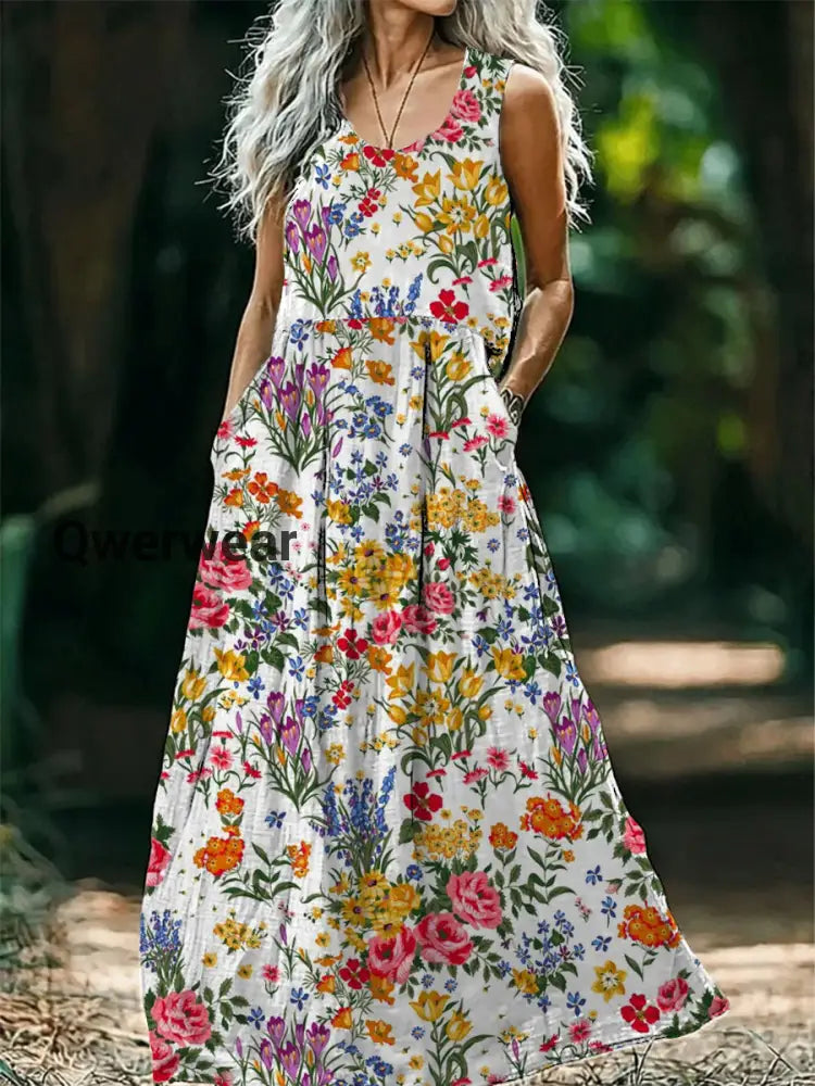 Vintage Bohemian Floral Print Sleeveless Loose Midi Dress-DR-F-444 A / S