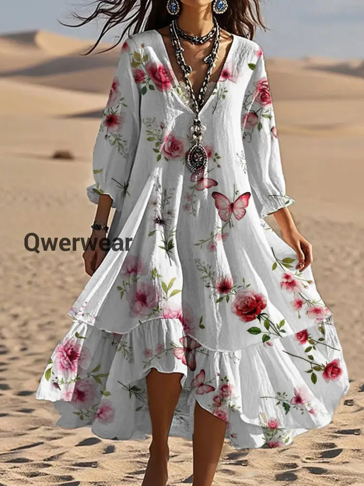 Vintage Bohemian V-Shaped Floral Art Print Casual Elegant Fashion Double Dress A / S