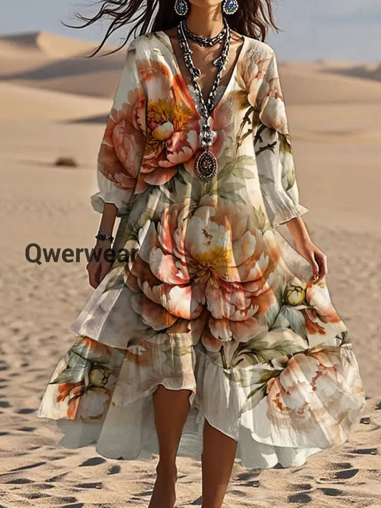 Vintage Bohemian V-Shaped Floral Art Print Casual Elegant Fashion Double Dress A / S