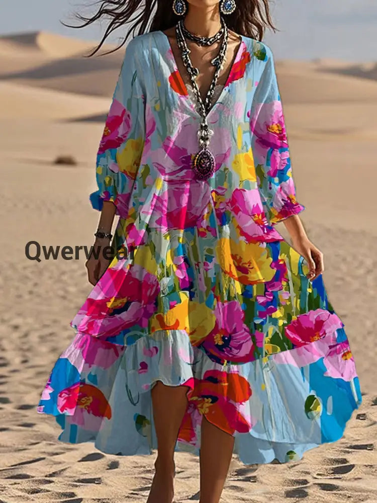 Vintage Bohemian V-Shaped Floral Art Print Casual Elegant Fashion Double Dress A / S