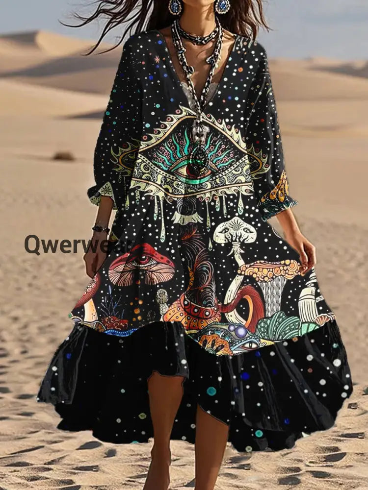 Vintage Bohemian V-Shaped Mushroom Art Print Casual Elegant Fashion Double Dress A / S