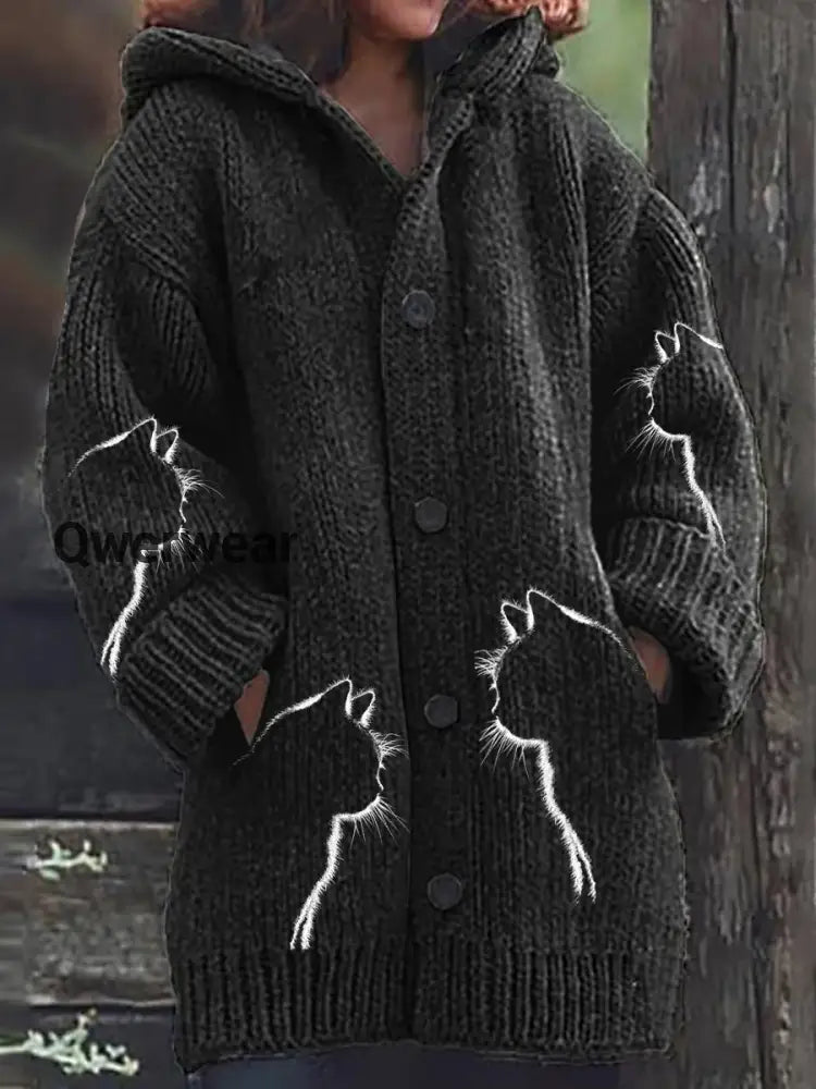 Vintage Cat Art Print Button Thick Long Sleeve Hooded Cardigan Black / S