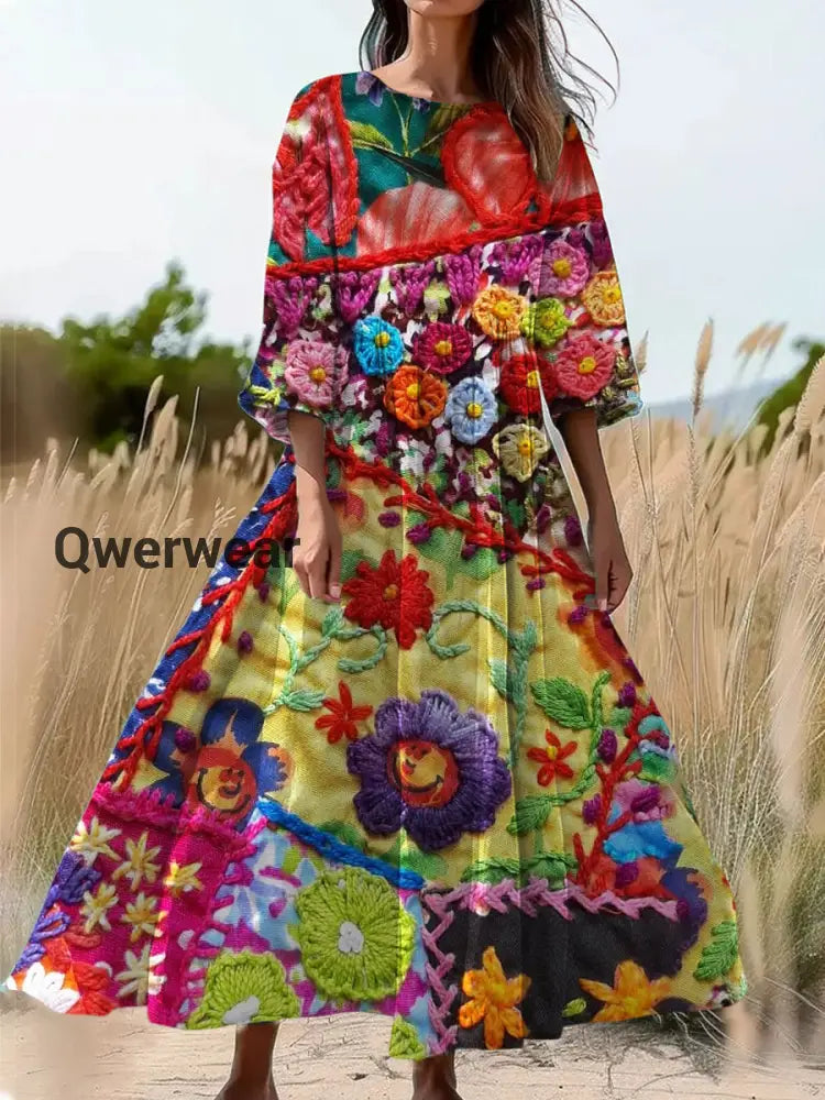 Vintage Floral Art Print Round Neck Long Sleeve Midi Dress A / S