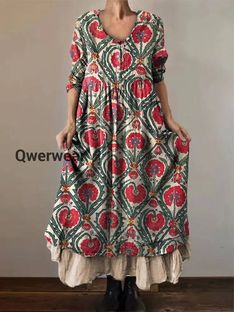 Vintage Floral Print Elegant Chic Loose Midi Dress Apricot / S