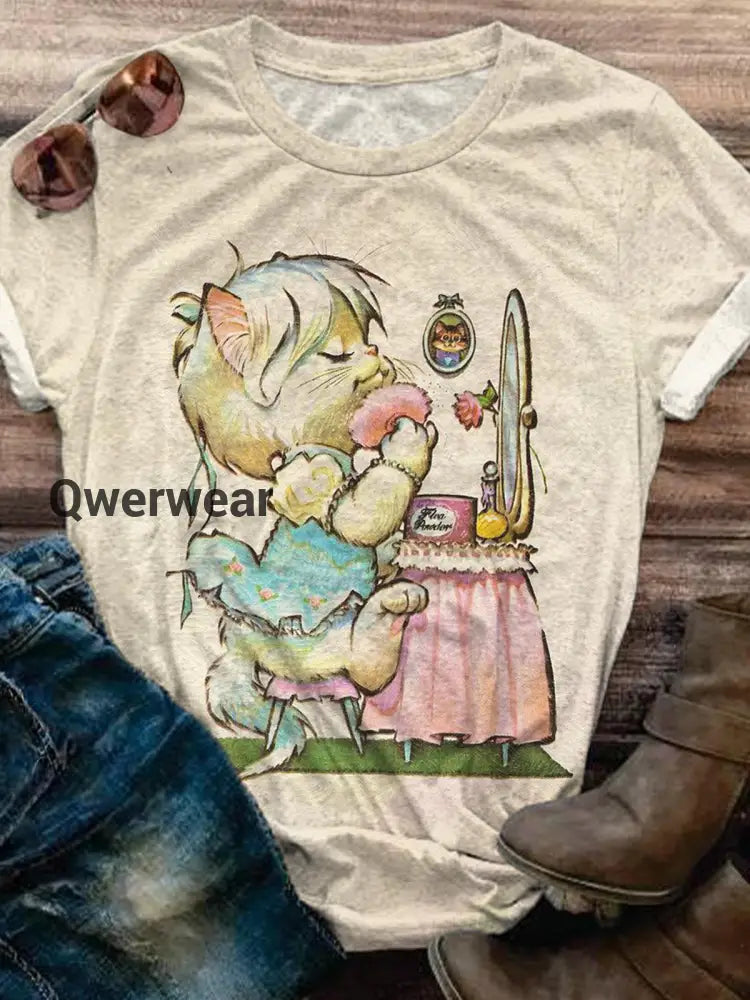 Vintage Putting On Makeup Kitten Crew Neck T-shirt Mixed Color / S Women\’s Tops