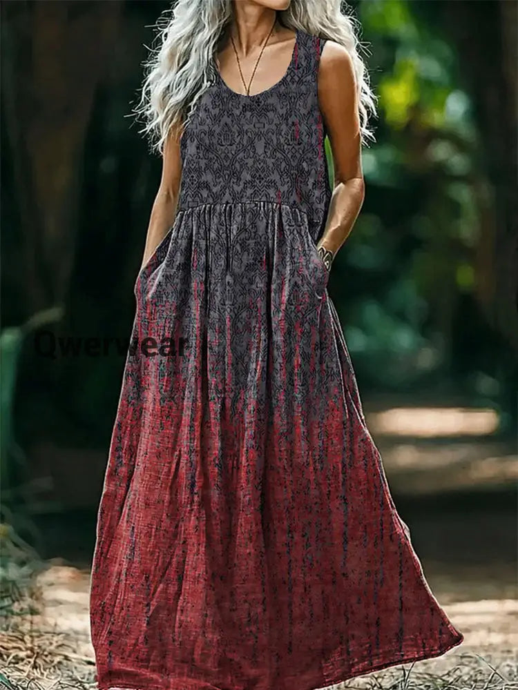 Vintage Round Neck Bohemian Ethnic Art Print Elegant Chic Sleeveless Loose Midi Dress A / S
