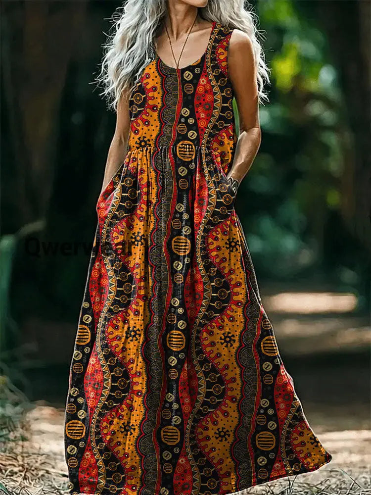 Vintage Round Neck Bohemian Ethnic Art Print Elegant Chic Sleeveless Loose Midi Dress A / S