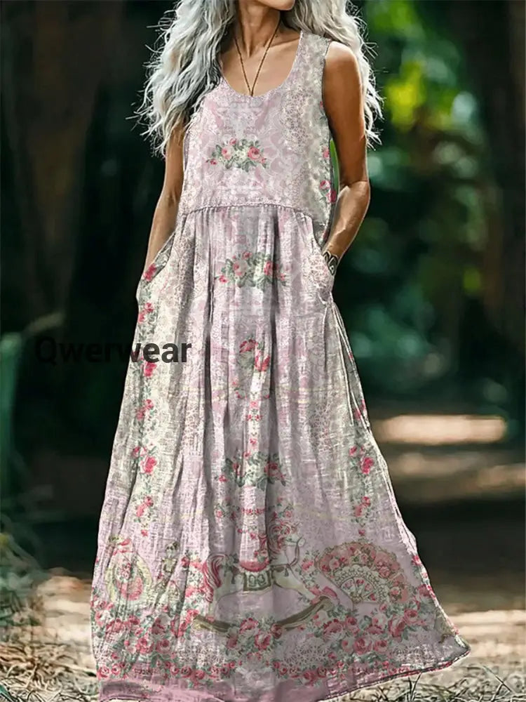 Vintage Round Neck Bohemian Ethnic Floral Print Elegant Chic Sleeveless Loose Midi Dress A / S
