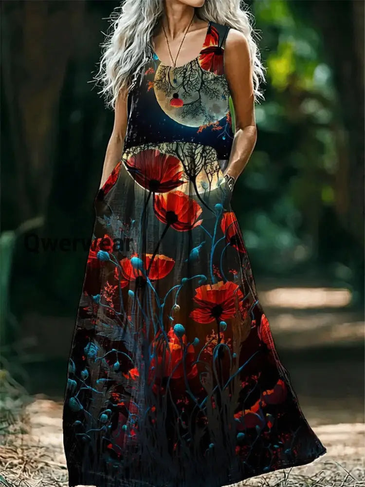 Vintage Round Neck Bohemian Ethnic Floral Print Elegant Chic Sleeveless Loose Midi Dress A / S