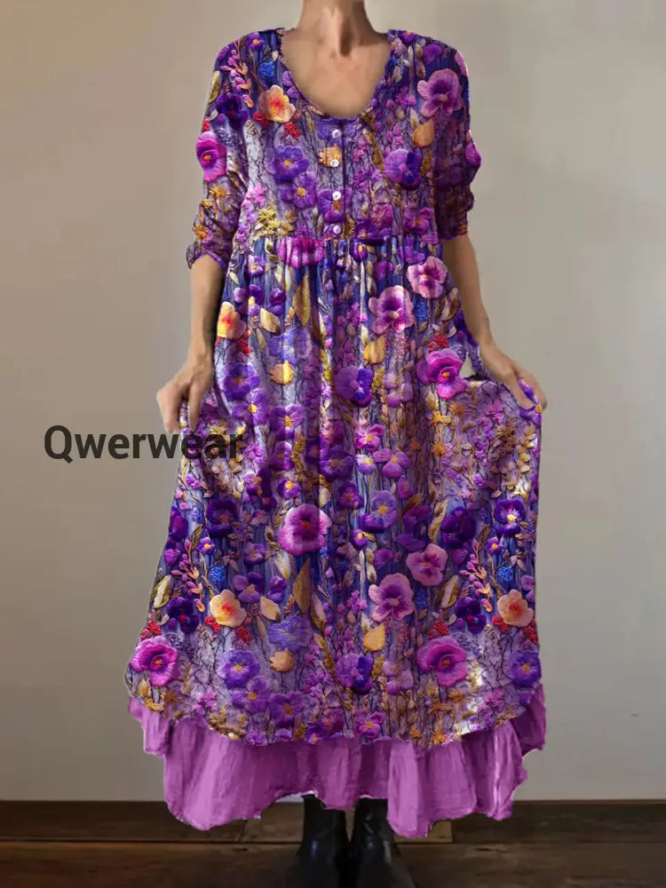 Vintage Round Neck Bohemian Floral Print Elegant Chic Loose Midi Dress A / S