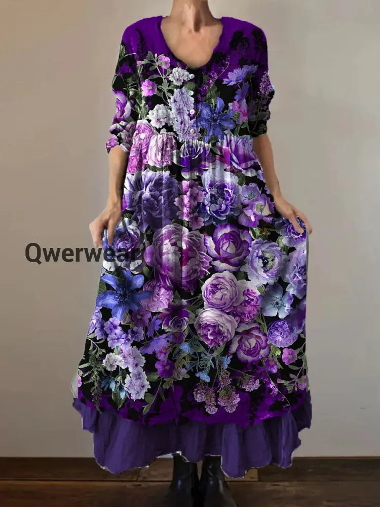 Vintage Round Neck Bohemian Floral Print Elegant Chic Loose Midi Dress A / S