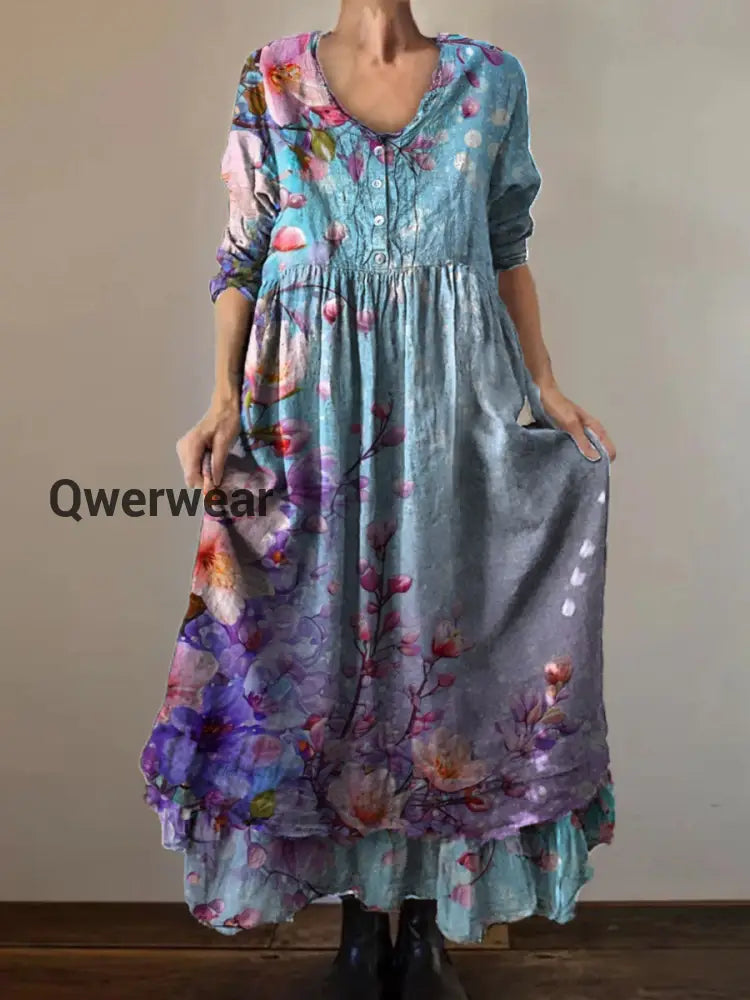Vintage Round Neck Bohemian Floral Print Elegant Chic Loose Midi Dress A / S