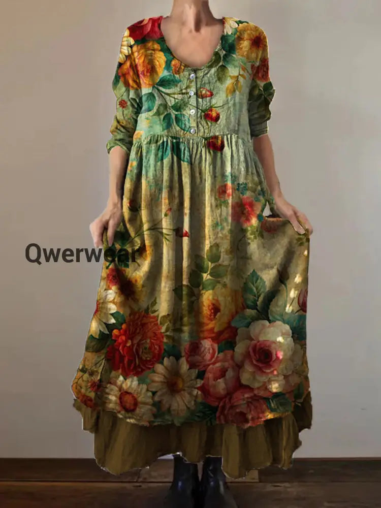 Vintage Round Neck Bohemian Floral Print Elegant Chic Loose Midi Dress A / S