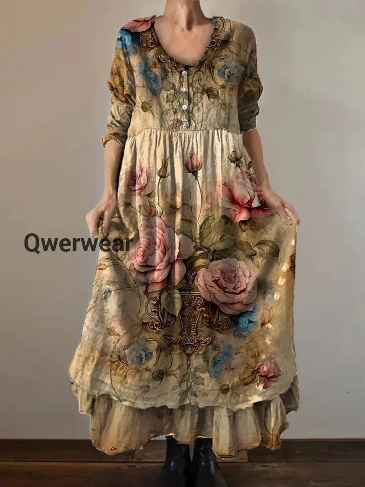 Vintage Round Neck Bohemian Floral Print Elegant Chic Loose Midi Dress A / S