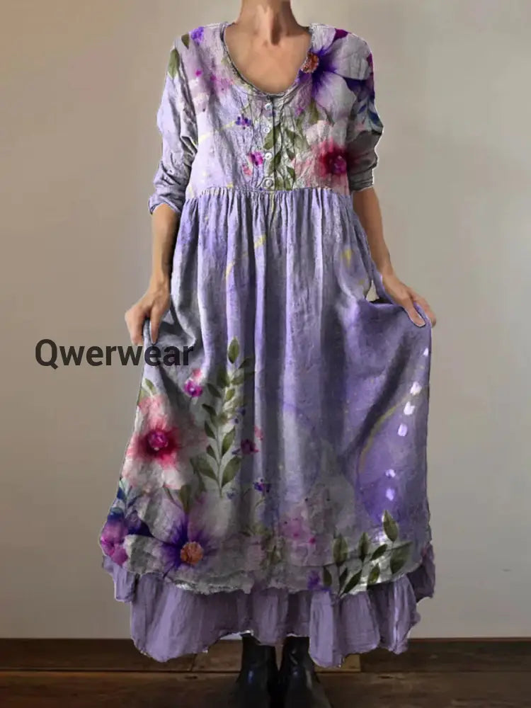 Vintage Round Neck Bohemian Floral Print Elegant Chic Loose Midi Dress A / S