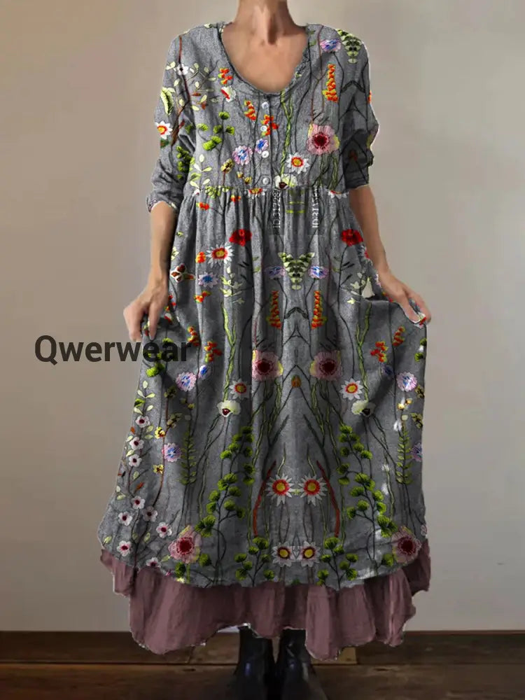 Vintage Round Neck Bohemian Floral Print Elegant Chic Loose Midi Dress A / S