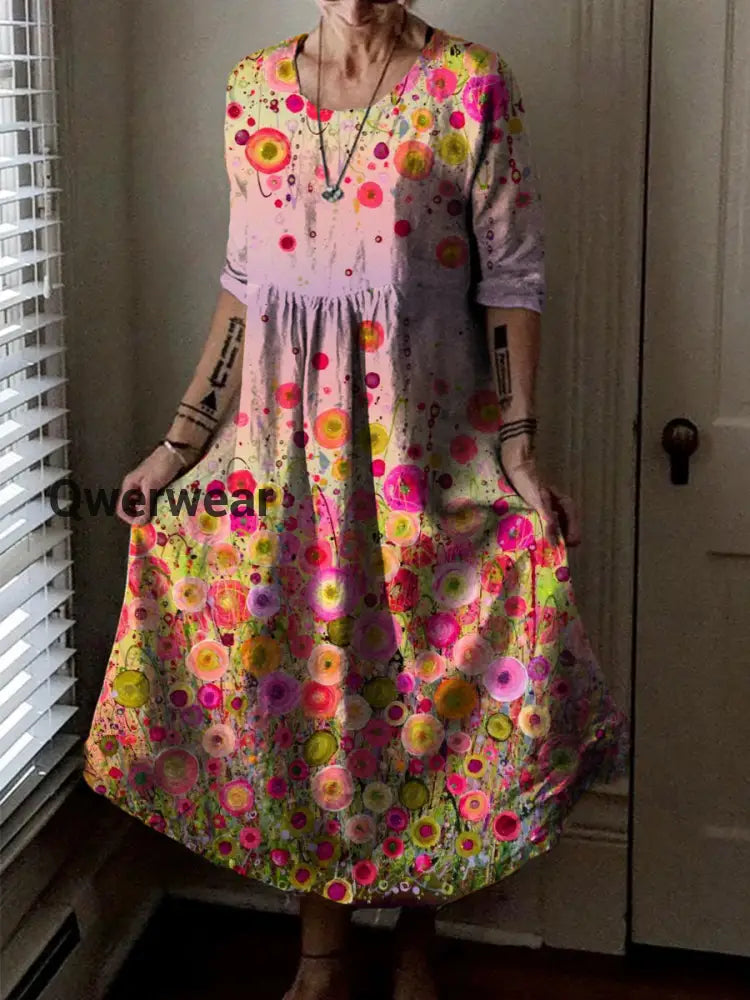 Vintage Round Neck Bohemian Floral Print Elegant Chic Loose Midi Dress A / S