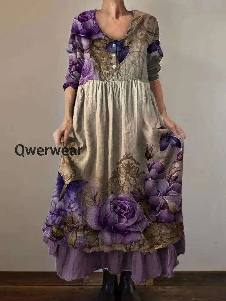 Vintage Round Neck Bohemian Floral Print Elegant Chic Loose Midi Dress-DR-D-108 A / S