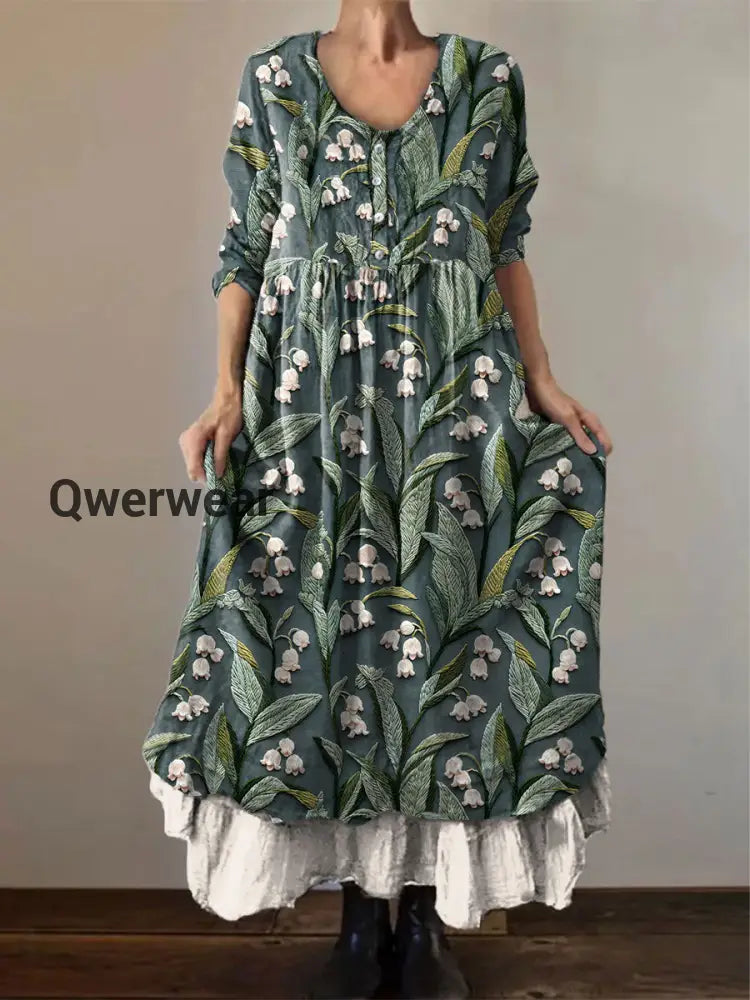 Vintage Round Neck Bohemian Floral Print Elegant Chic Loose Midi Dress-DR-D-123 Green / S