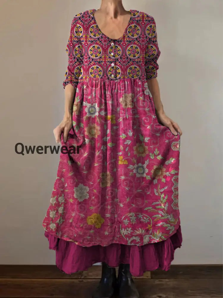 Vintage Round Neck Bohemian Floral Print Elegant Chic Loose Midi Dress-DR-D-126 A / S