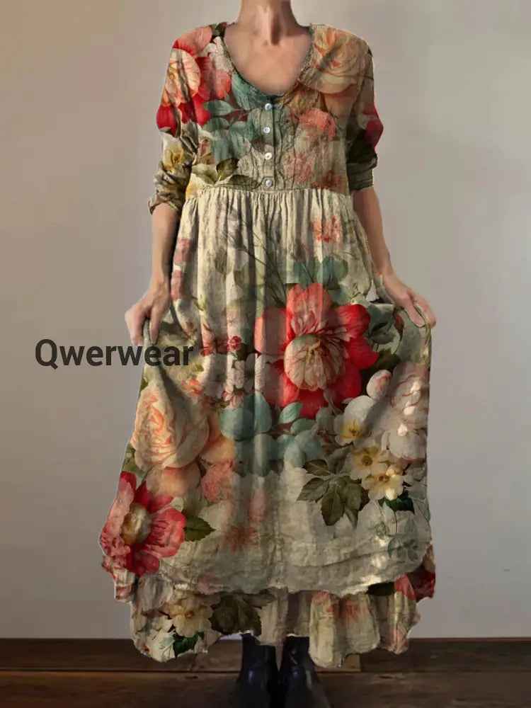 Vintage Round Neck Bohemian Floral Print Elegant Chic Loose Midi Dress-DR-D-17 A / S