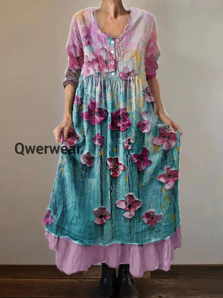 Vintage Round Neck Bohemian Floral Print Elegant Chic Loose Midi Dress-DR-D-30 Pink / S