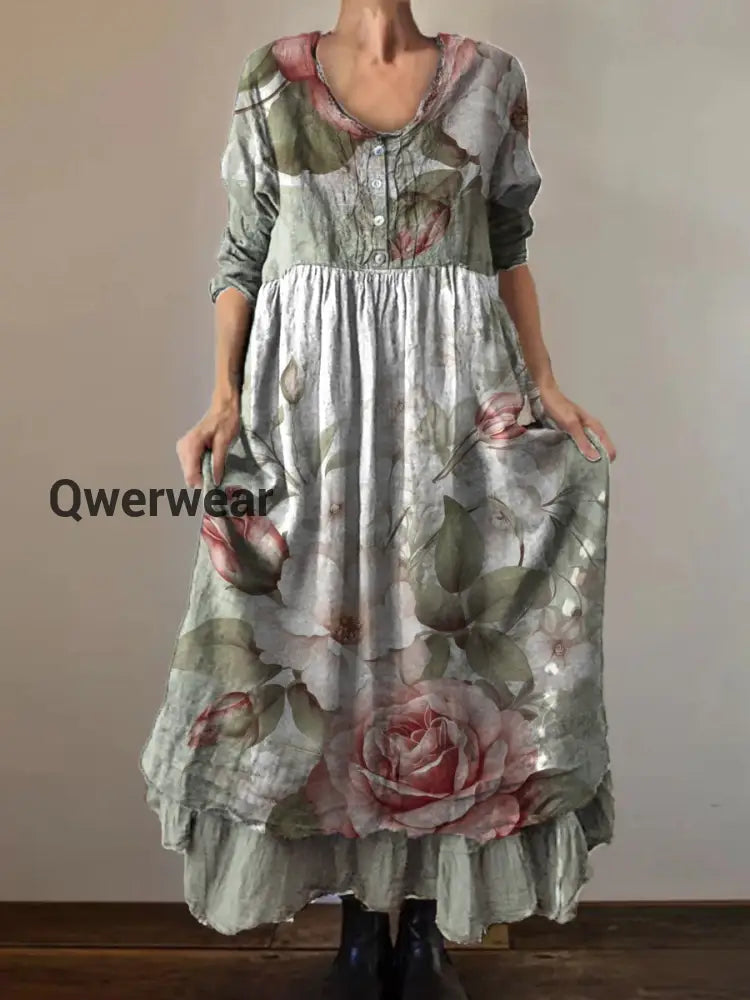 Vintage Round Neck Bohemian Floral Print Elegant Chic Loose Midi Dress-DR-D-4 A / L