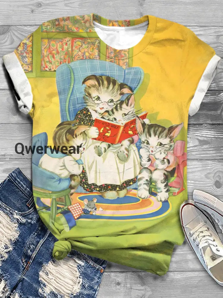 Vintage Story Time Crew Neck T-shirt Mixed Color / S Women\’s Tops