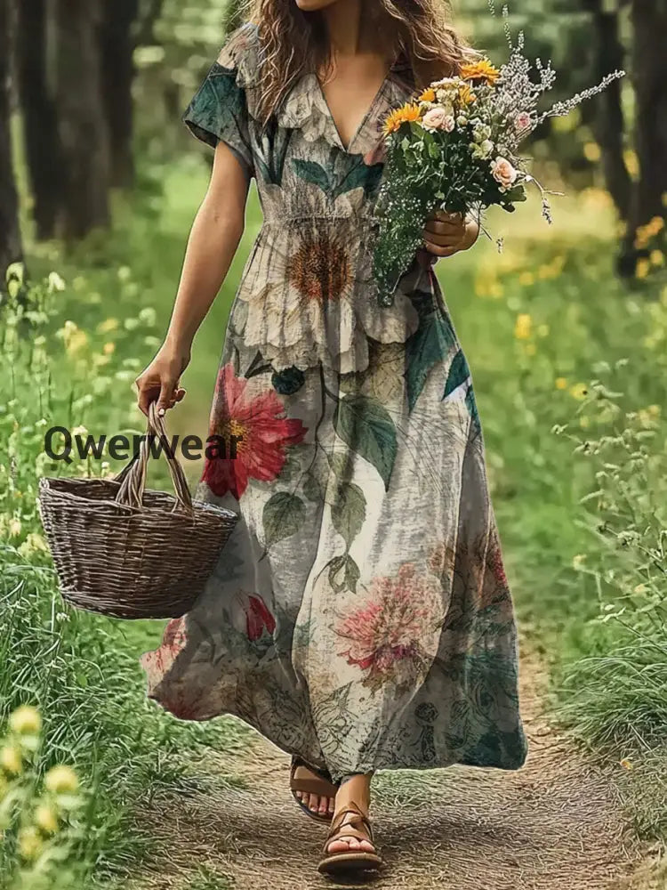 Vintage V-neck Bohemian Floral Print Elegant Chic Loose Dress-DR-F-32 A / S