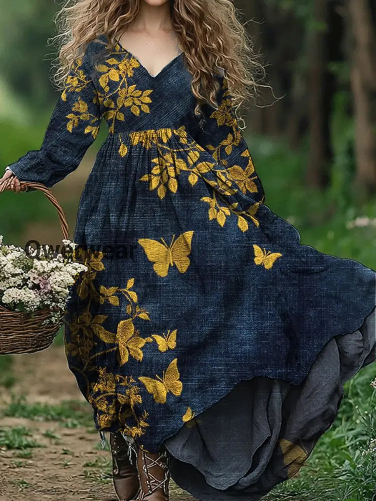 Vintage V-neck Bohemian Floral Print Elegant Chic Loose Midi Dress A / S