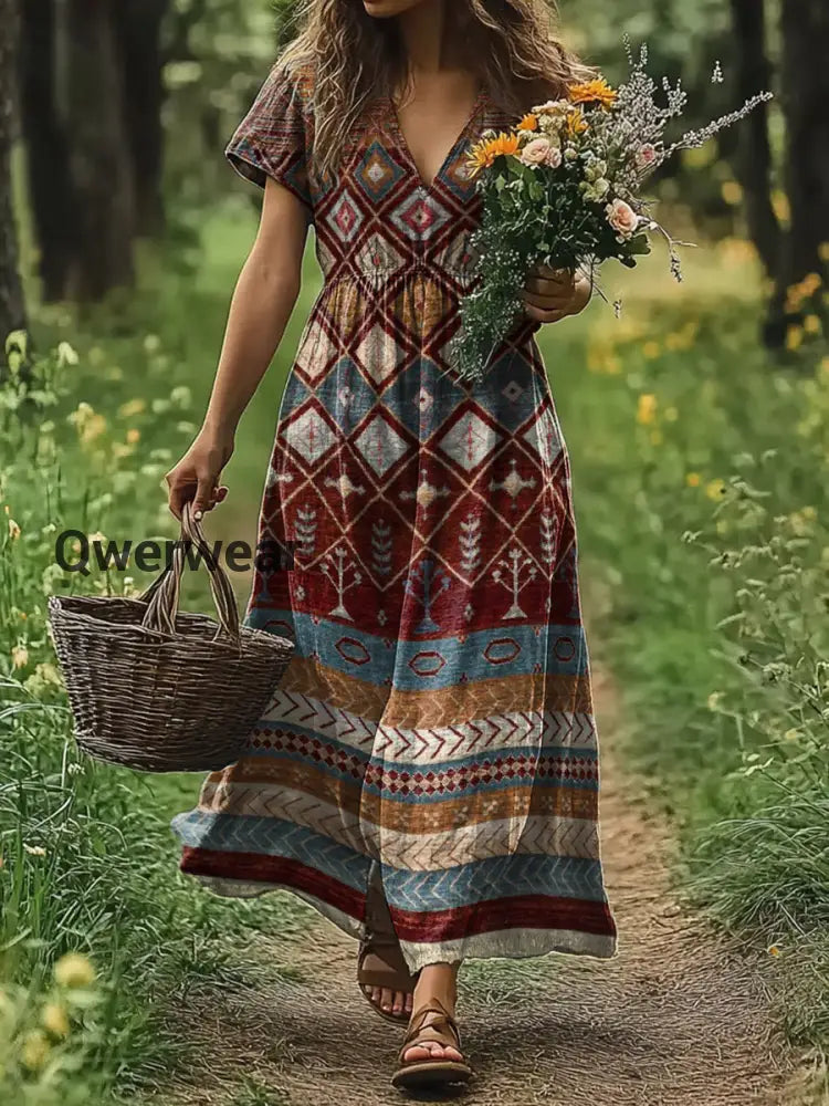 Vintage V-neck Bohemian Floral Print Elegant Chic Loose Midi Dress A / S