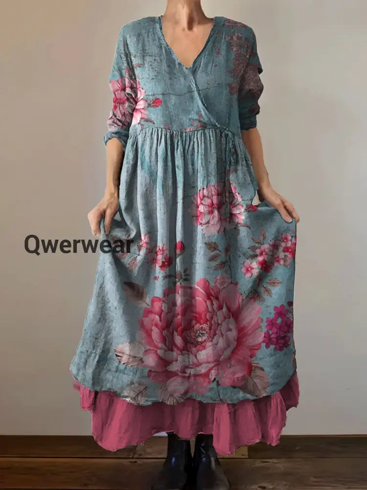 Vintage V-neck Bohemian Floral Print Elegant Chic Loose Midi Dress A / S
