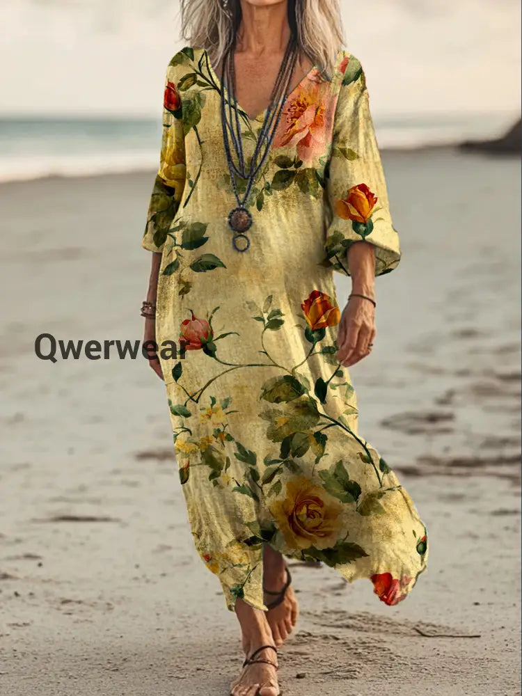 Vintage V-neck Bohemian Floral Print Elegant Chic Loose Midi Dress A / S