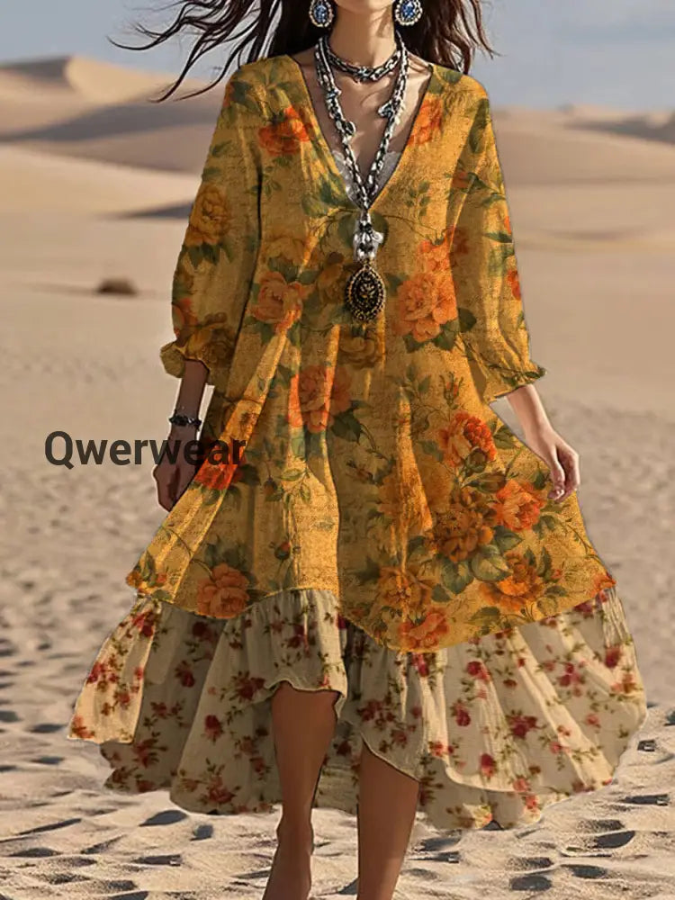 Vintage V-neck Bohemian Floral Print Elegant Chic Loose Midi Dress A / S