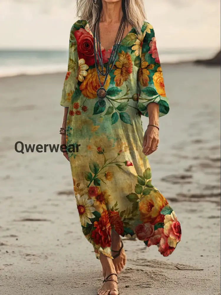 Vintage V-neck Bohemian Floral Print Elegant Chic Loose Midi Dress A / S