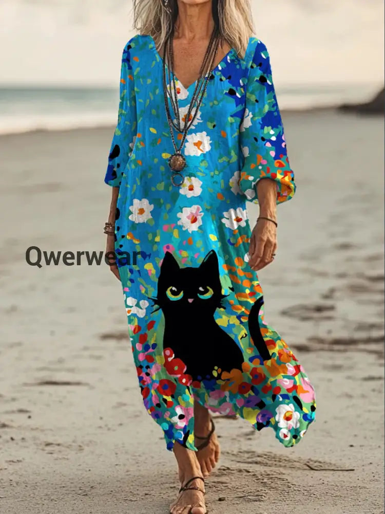 Vintage V-neck Bohemian Floral Print Elegant Chic Loose Midi Dress A / S