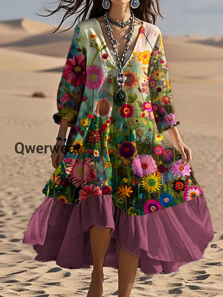 Vintage V-neck Bohemian Floral Print Elegant Chic Loose Midi Dress A / S