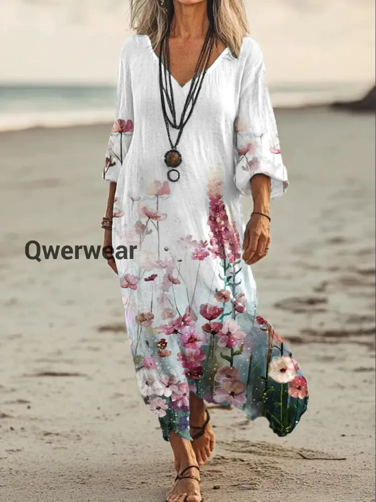 Vintage V-neck Bohemian Floral Print Elegant Chic Loose Midi Dress A / S