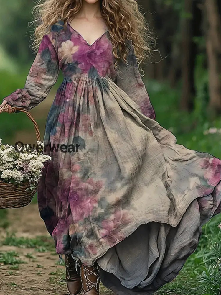 Vintage V-neck Bohemian Floral Print Elegant Chic Loose Midi Dress A / S