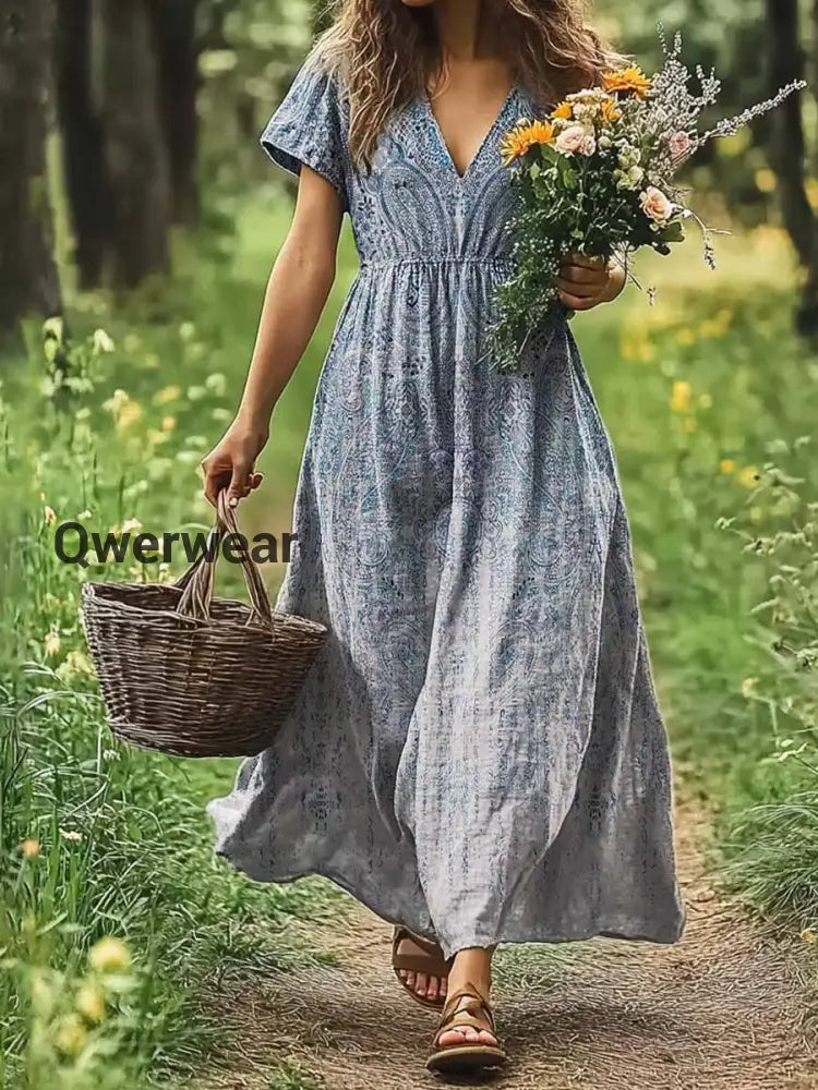 Vintage V-neck Bohemian Floral Print Elegant Chic Loose Midi Dress A / S