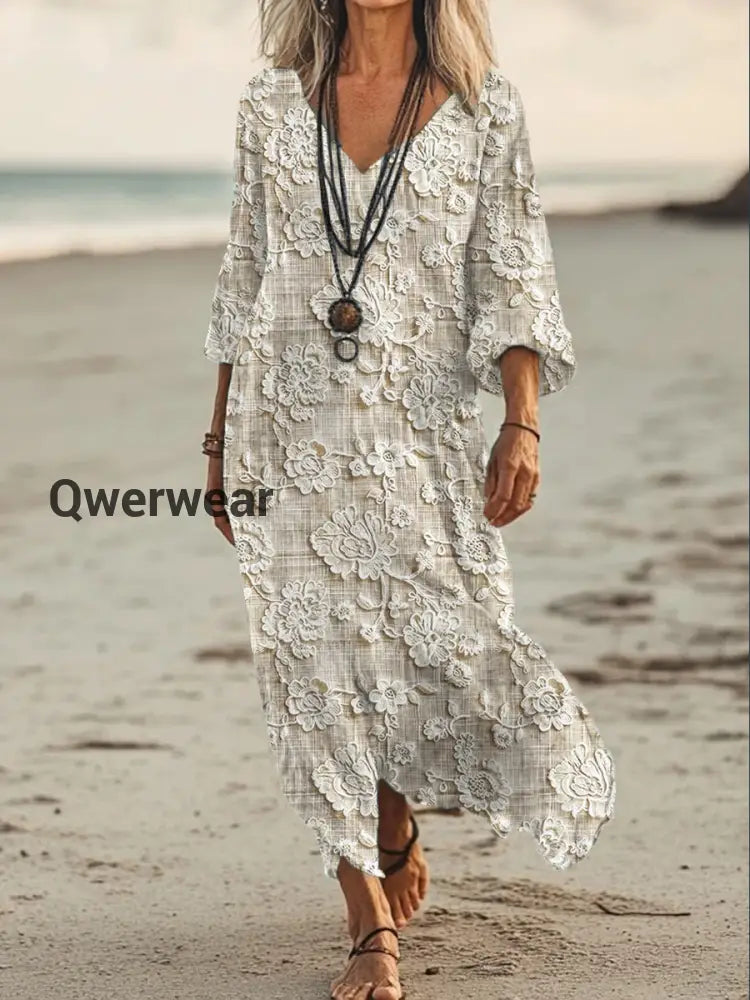 Vintage V-neck Bohemian Floral Print Elegant Chic Loose Midi Dress A / S
